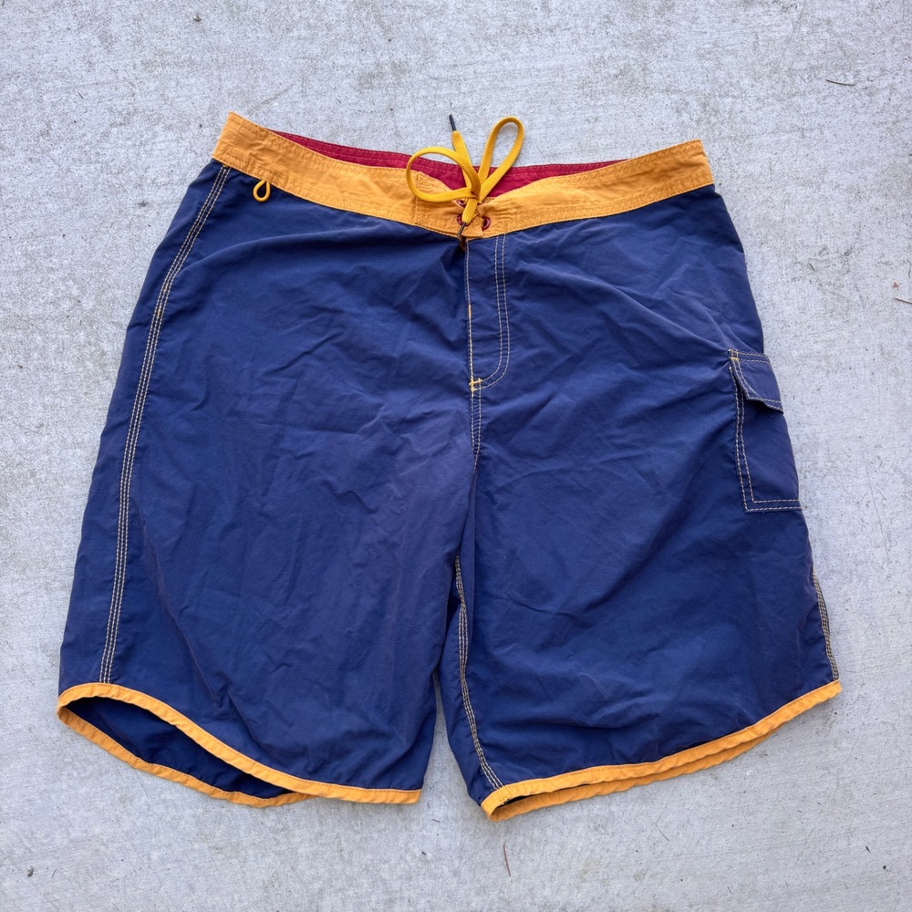 Hurley Mens Navy Blue Yellow Contrast Trim Board Shorts Cargo Pocket Size 36